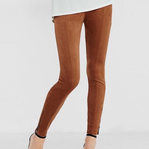 Express Cognac Brown Suede Leggings Zip 